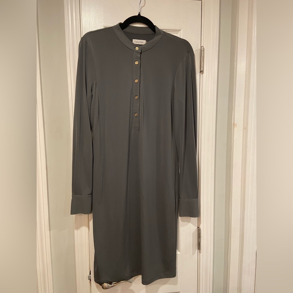 Calvin Klein Size 6 Muted Army Green Gold Button Cuff Long Sleeve Pullover Dress